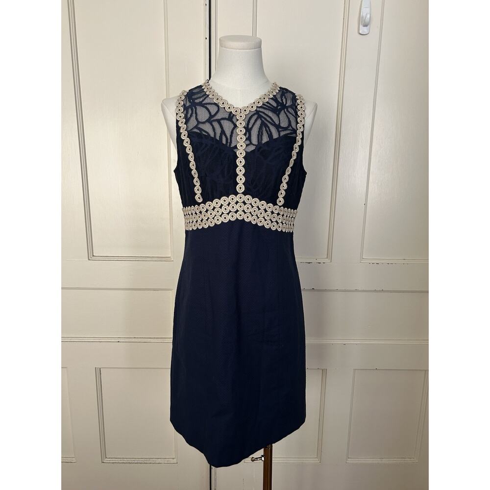 Lilly Pulitzer Leigh Mesh Overlay Sheath Dress Womens Size 2 Navy Blue Classic